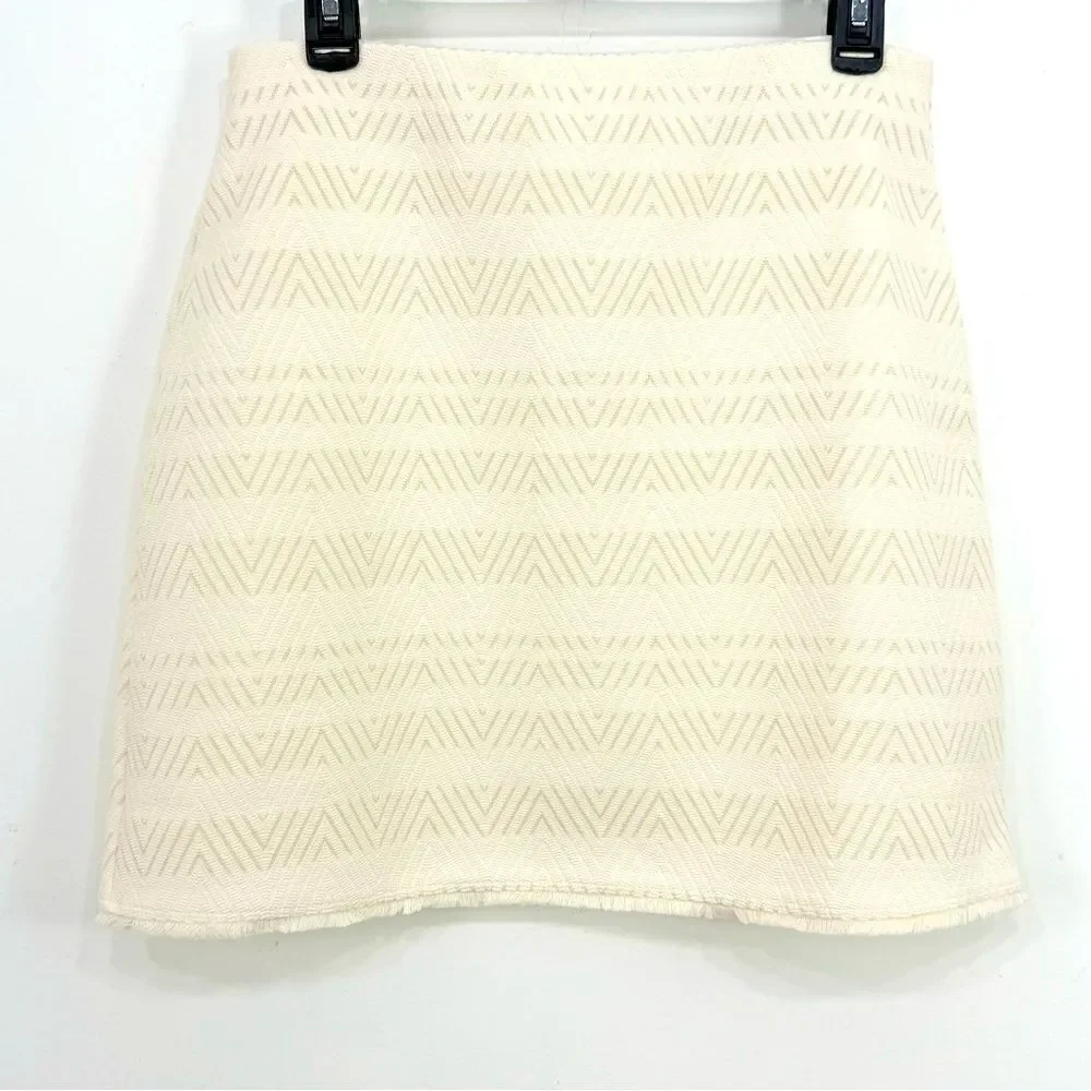 LOFT Cream Zigzag Textured Jacquard Frayed Hem Mini Pencil Skirt